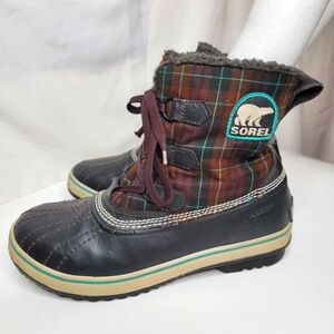 Sorel Tivoli Plaid Waterproof Winter Snow Boots Brown Blue Duck Womens Size 10